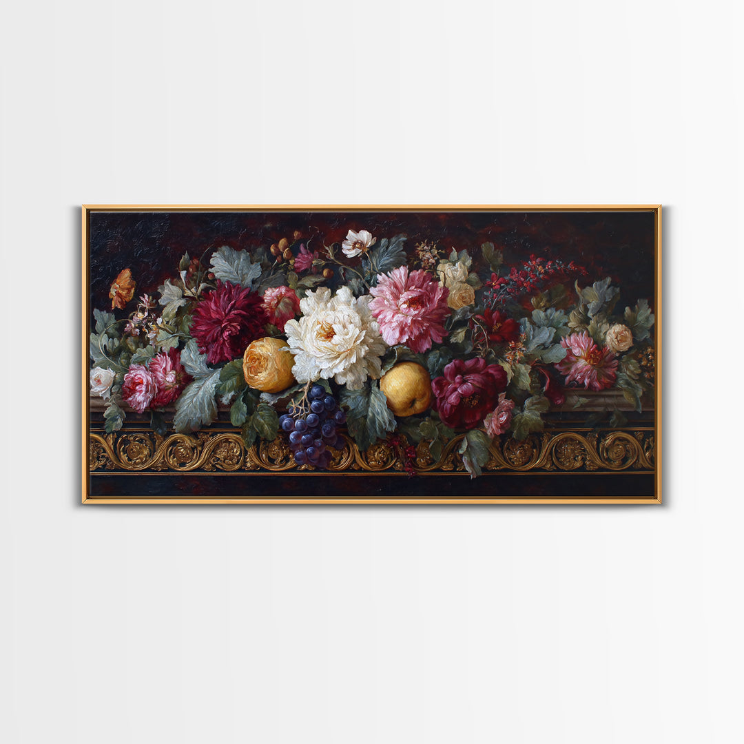 Floral Garland Surrounding a Classical Profile Canvas Print, Renaissanceinspired Art, Home Altar, Living Room Decor, Classic, REN-2x1-18
