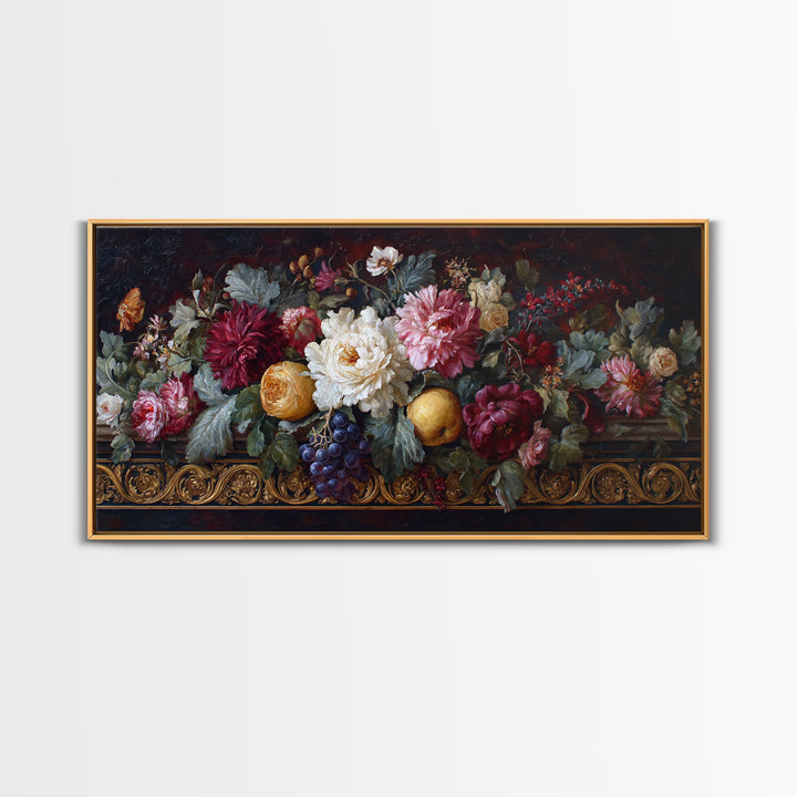 Floral Garland Surrounding a Classical Profile Canvas Print, Renaissanceinspired Art, Home Altar, Living Room Decor, Classic, REN-2x1-18