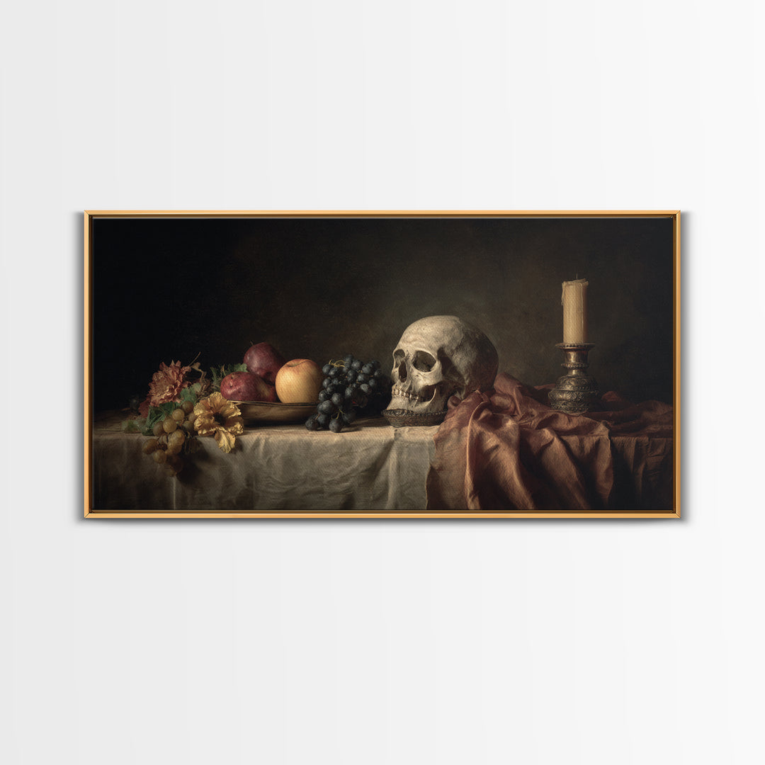 Old Master Skull and Candle Still Life Framed Canvas Print, Renaissanceinspired Art, Classic Art, Living Room Decor, Classic, REN-2x1-30