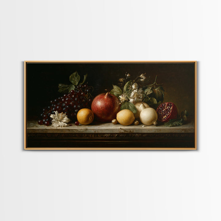 Oil Painted Fruit Still Life on Dark Canvas Print, Renaissanceinspired Art, Printable Art, Living Room Decor, Oil Painting, REN-2x1-47
