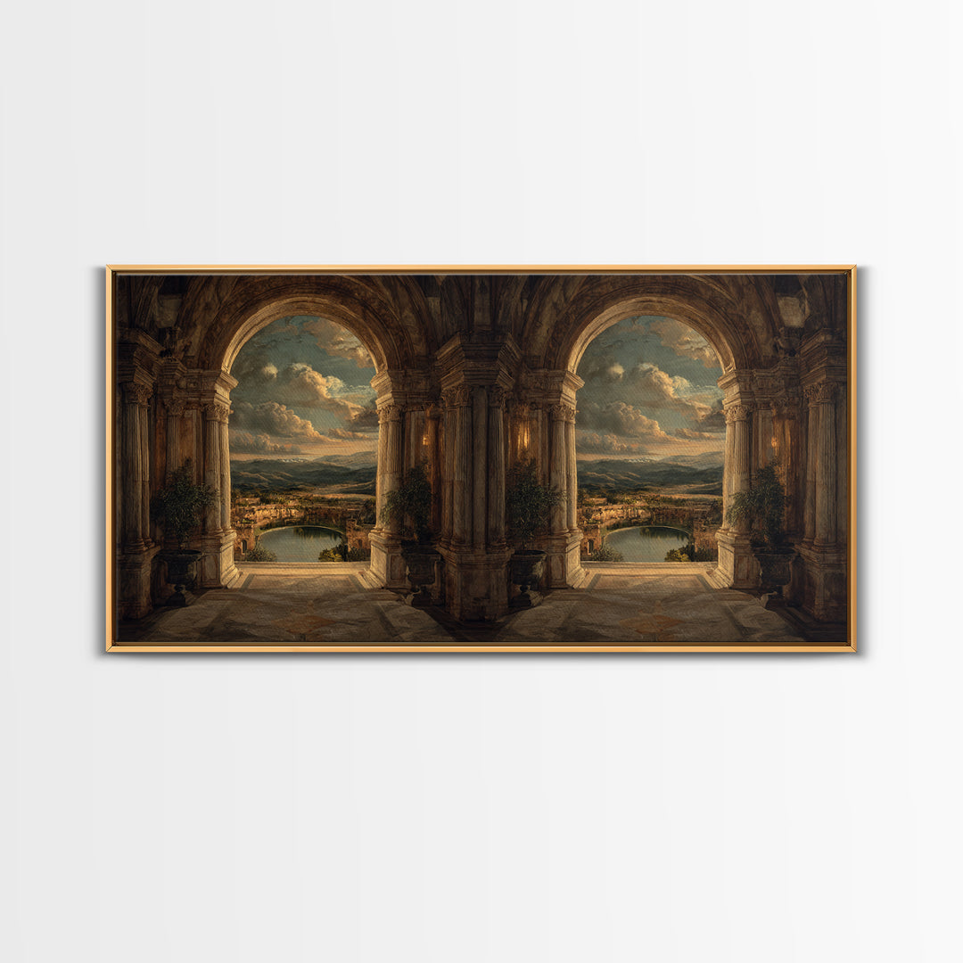 Architectural Arch with Italian Landscape Beyond Canvas Print, Renaissanceinspired Art, Cat Painting, Living Room Decor, REN-2x1-79