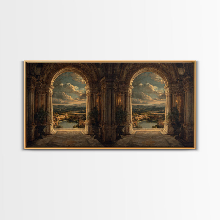 Architectural Arch with Italian Landscape Beyond Canvas Print, Renaissanceinspired Art, Cat Painting, Living Room Decor, REN-2x1-79
