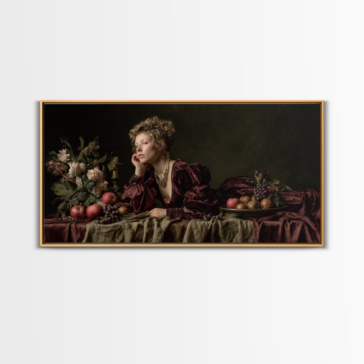 Portrait with Pearl Necklace and Velvet Dress Canvas Print, Renaissanceinspired Art, Boho Decor, Living Room Decor, Classic, REN-2x1-8