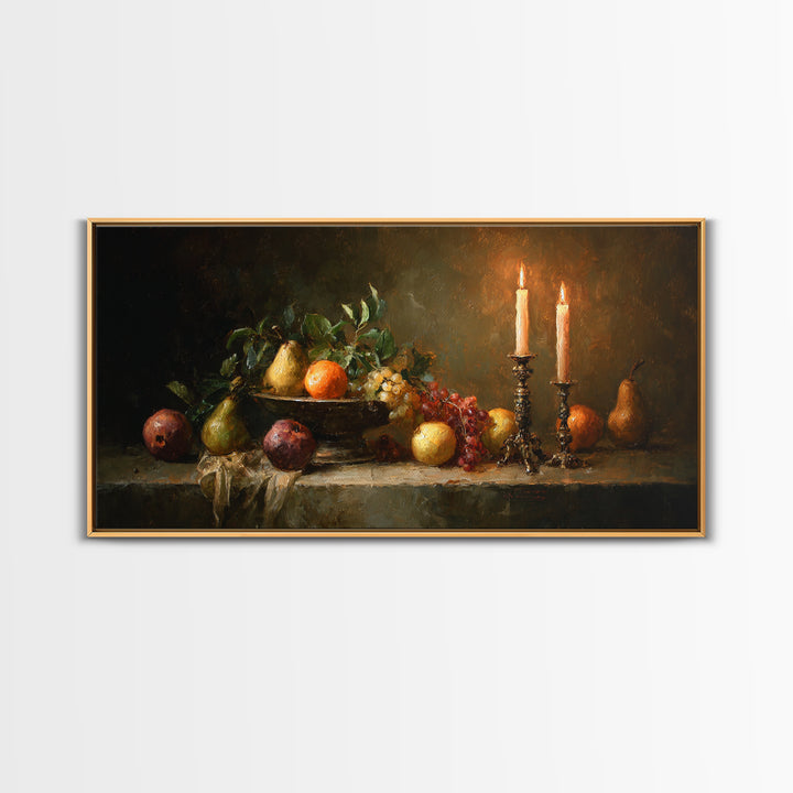 Oil Painted Fruit Still Life on Dark Framed Canvas Print, Renaissanceinspired Art, Fantasy Decor, Living Room Decor, Classic, REN-2x1-95