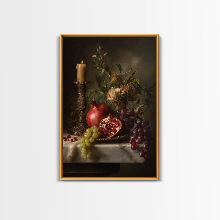 Pomegranate and Grapes on Marble Ledge Framed Canvas Print, Renaissanceinspired Art, Home Decor, Living Room Decor, Classic, REN-2x3-1