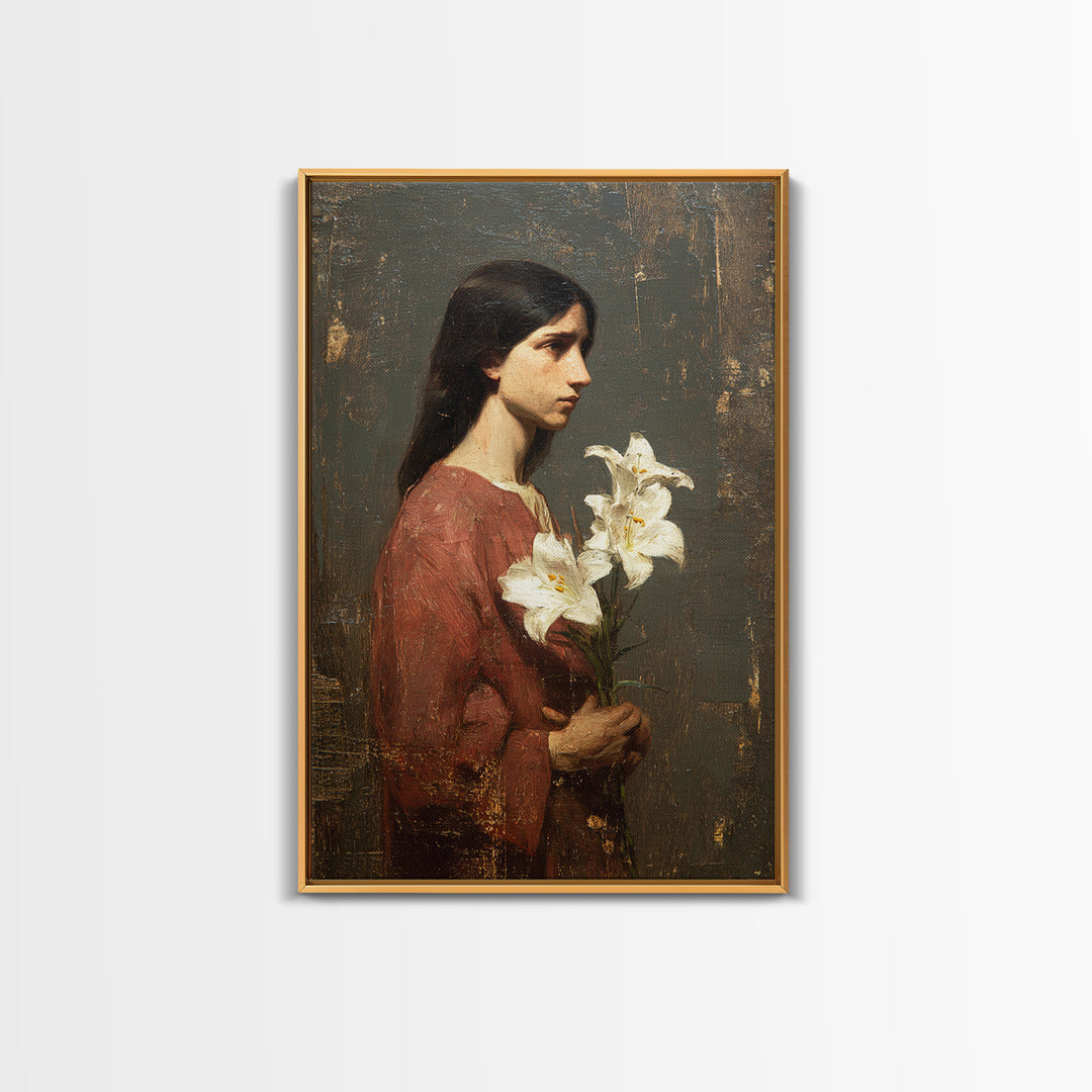 Saint Like Figure Holding White Lilies Framed Canvas Print, Renaissanceinspired Art, Classic Art, Living Room Decor, Classic, REN-2x3-21