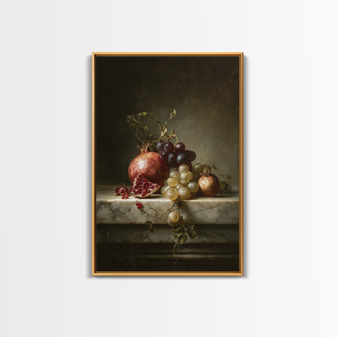 Pomegranate and Grapes on Marble Ledge Canvas Print, Renaissanceinspired Art, Statement Artwork, Living Room Decor, Classic, REN-2x3-49
