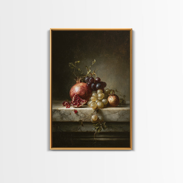 Pomegranate and Grapes on Marble Ledge Canvas Print, Renaissanceinspired Art, Statement Artwork, Living Room Decor, Classic, REN-2x3-49