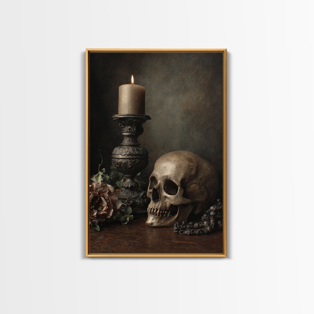 Old Master Skull and Candle Still Life Framed Canvas Print, Renaissanceinspired Art, Room Decor, Living Room Decor, Classic, REN-2x3-90