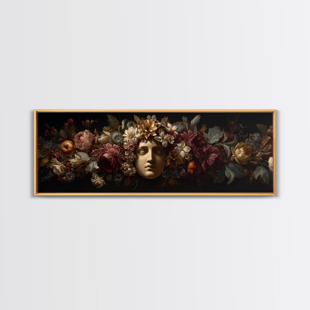 Floral Garland Surrounding a Classical Profile Canvas Print, Renaissanceinspired Art, Painting from Photo, Living Room Decor, REN-3x1-62