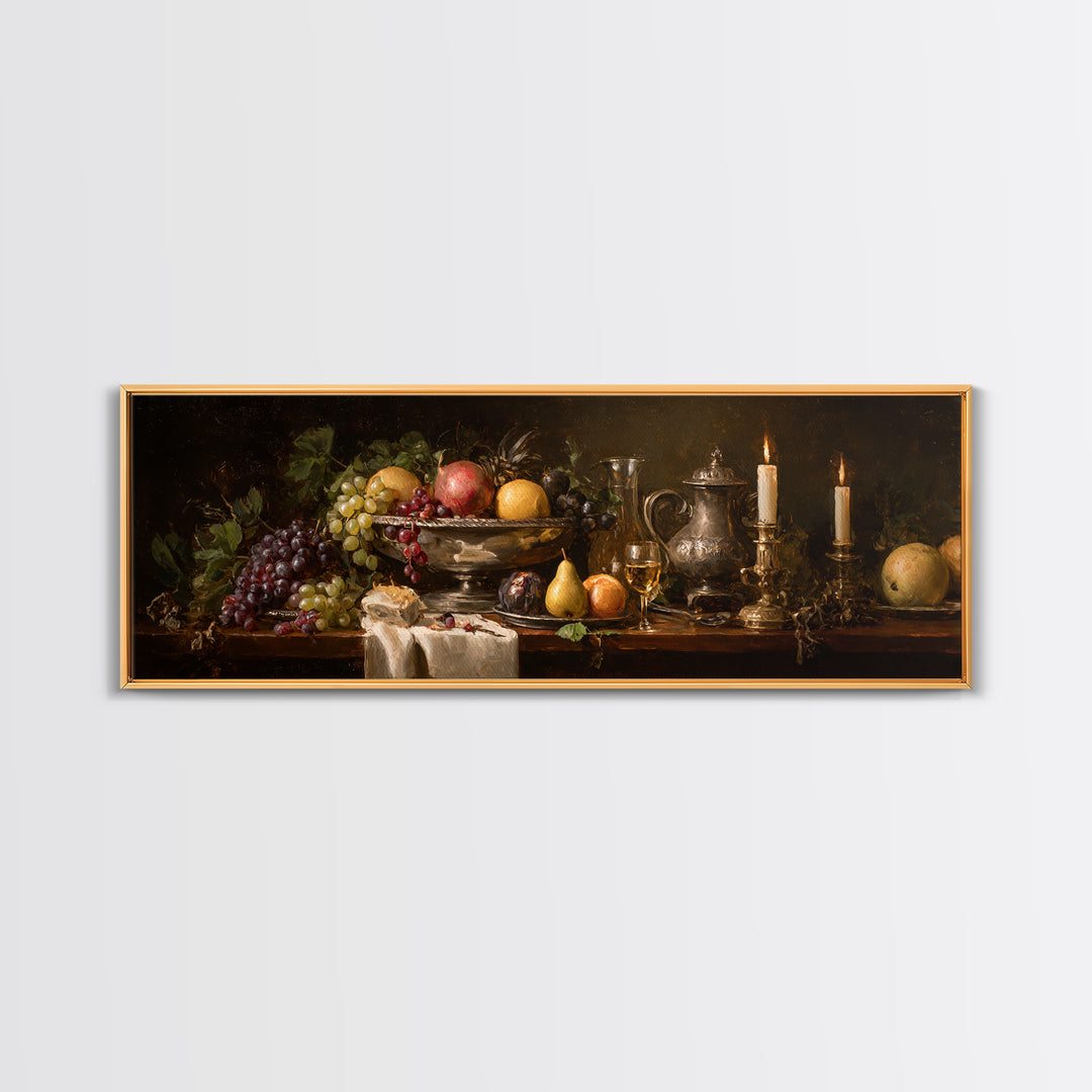 Oil Painted Fruit Still Life on Dark Framed Canvas Print, Renaissanceinspired Art, Wall Art, Living Room Decor, Abstract Art, REN-3x1-67