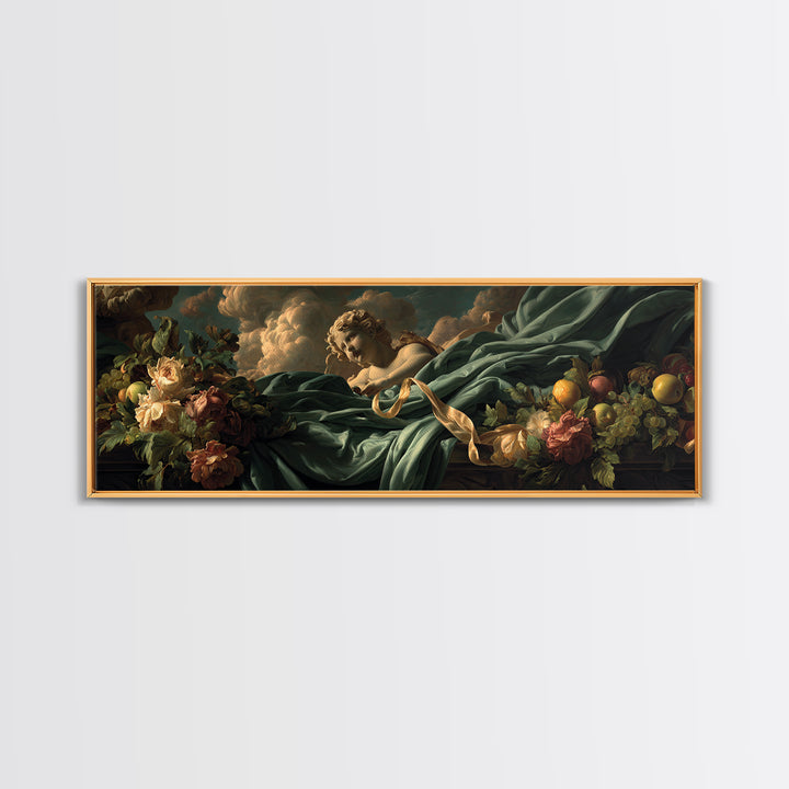 Cherub Holding a Ribbon Among Clouds Canvas Print, Renaissanceinspired Art, Elegant Home Decor, Living Room Decor, Oil Painting, REN-3x1-70