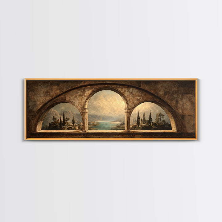 Architectural Arch with Italian Landscape Beyond Canvas Print, Renaissanceinspired Art, Mosaic Wall Art, Living Room Decor, REN-3x1-99