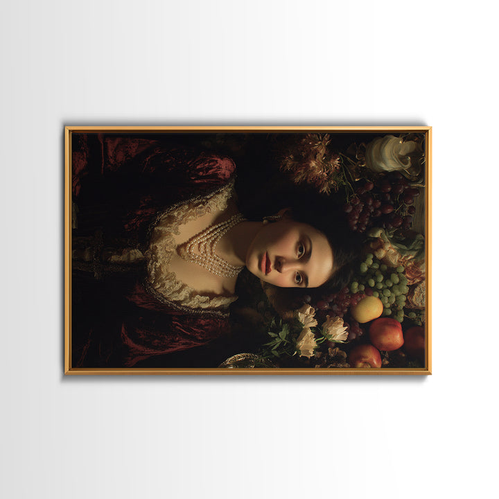Portrait with Pearl Necklace and Velvet Dress Canvas Print, Renaissanceinspired Art, Wall Art, Living Room Decor, Classic, REN-3x2-40