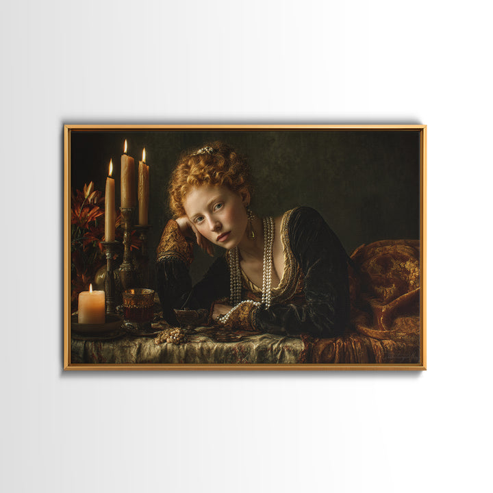 Portrait with Pearl Necklace and Velvet Dress Canvas Print, Renaissanceinspired Art, Cat Art, Living Room Decor, Classic, REN-3x2-64