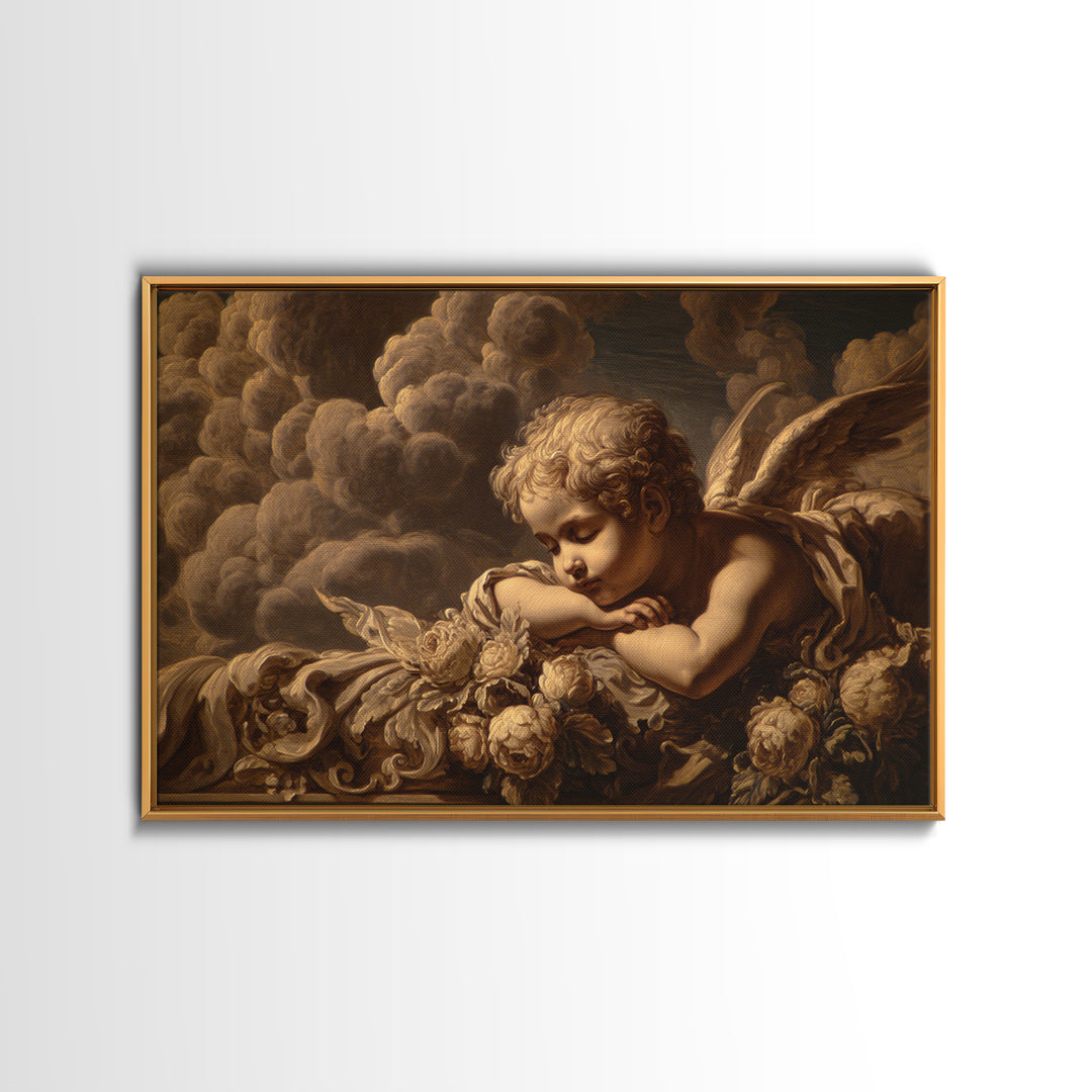 Cherub Holding a Ribbon Among Clouds Framed Canvas Print, Renaissanceinspired Art, Cat Art, Living Room Decor, Oil Painting, REN-3x2-82