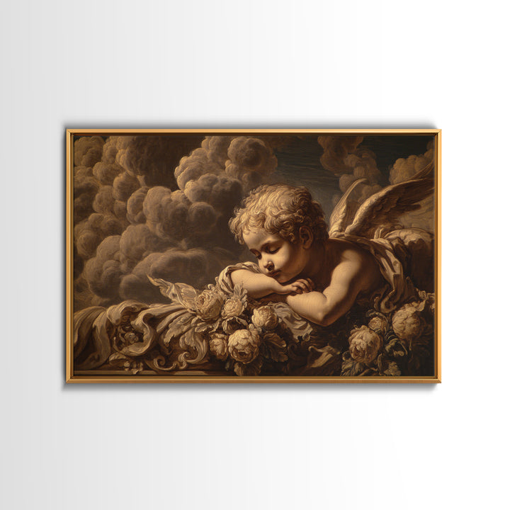 Cherub Holding a Ribbon Among Clouds Framed Canvas Print, Renaissanceinspired Art, Cat Art, Living Room Decor, Oil Painting, REN-3x2-82