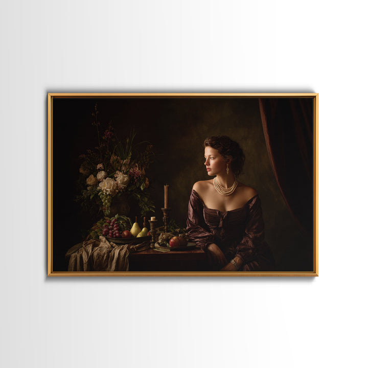Portrait with Pearl Necklace and Velvet Dress Canvas Print, Renaissanceinspired Art, Living Room Art, Living Room Decor, REN-3x2-88