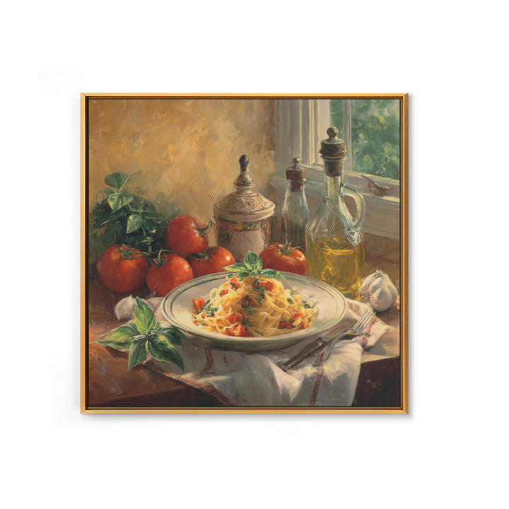 Fresh Pasta with Tomatoes and Basil Framed Canvas Print, Restaurant Art, Canvas Print, Restaurant Decor, Fine Art, Bistro, RES-1x1-2