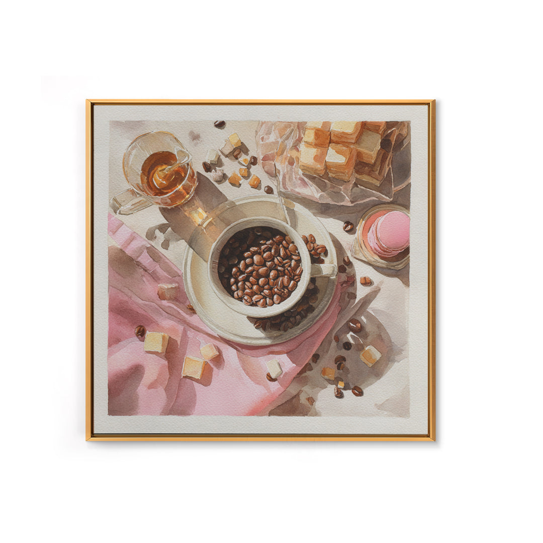 Coffee Beans and Pastry Arrangement Canvas Print, Restaurant Art, Watercolor Painting, Restaurant Decor, Oil Painting, Bistro, RES-1x1-22