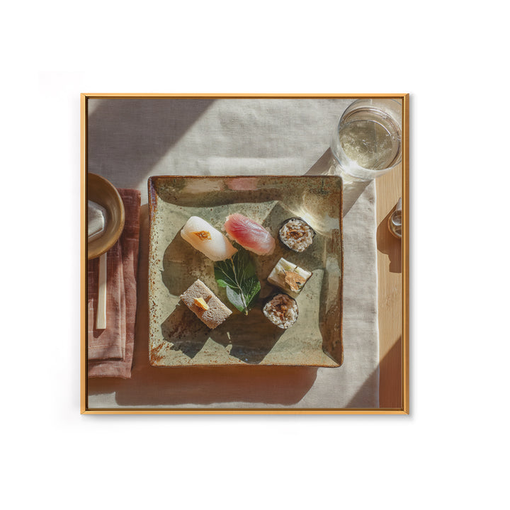 Sushi Fish and Ceramic Plate Composition Framed Canvas Print, Restaurant Art, Textured Painting, Restaurant Decor, Bistro, RES-1x1-29