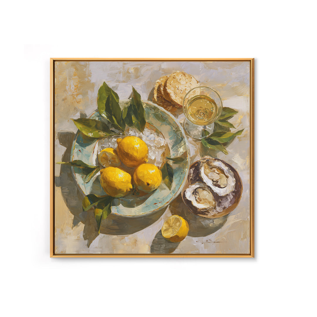 Oyster Platter with Lemons and Champagne Canvas Print, Restaurant Art, Kitchen Wall Art, Restaurant Decor, Abstract Art, Bistro, RES-1x1-3
