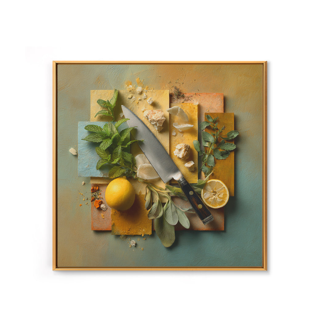 Chef Knife Herbs and Cutting Board Still Framed Canvas Print, Restaurant Art, Boho Decor, Restaurant Decor, Oil Painting, RES-1x1-37