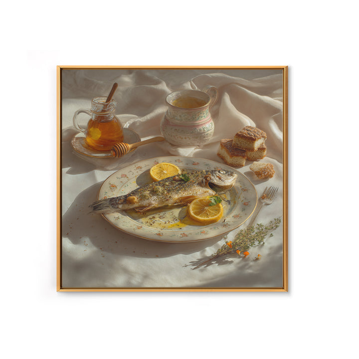 Fresh Fish with Lemon and Herbs Framed Canvas Print, Restaurant Art, Kitchen Art, Restaurant Decor, Fine Art, Bistro, RES-1x1-47