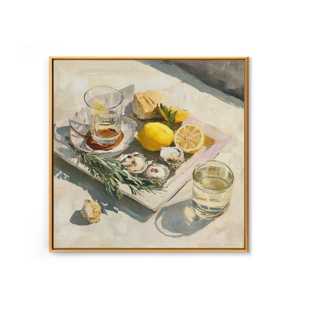 Oyster Platter with Lemons and Champagne Framed Canvas Print, Restaurant Art, Food Art, Restaurant Decor, Oil Painting, Bistro, RES-1x1-51