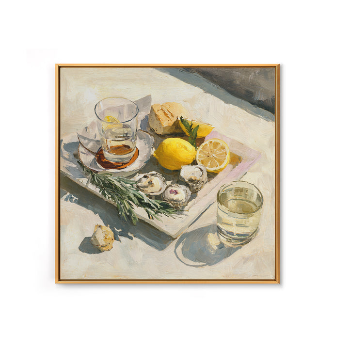 Oyster Platter with Lemons and Champagne Framed Canvas Print, Restaurant Art, Food Art, Restaurant Decor, Oil Painting, Bistro, RES-1x1-51