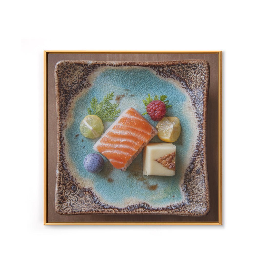Sushi Fish and Ceramic Plate Composition Framed Canvas Print, Restaurant Art, Textured Painting, Restaurant Decor, Bistro, RES-1x1-53