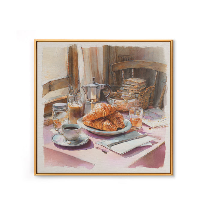 French Bistro Coffee and Croissant Still Life Canvas Print, Restaurant Art, Food Art, Restaurant Decor, Oil Painting, Bistro, RES-1x1-54