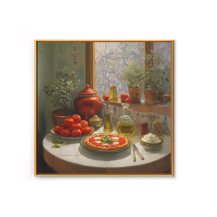 Pizzeria Tomato Basil and Mozzarella Still Life Framed Canvas Print, Restaurant Art, Bar Decor, Restaurant Decor, RES-1x1-58