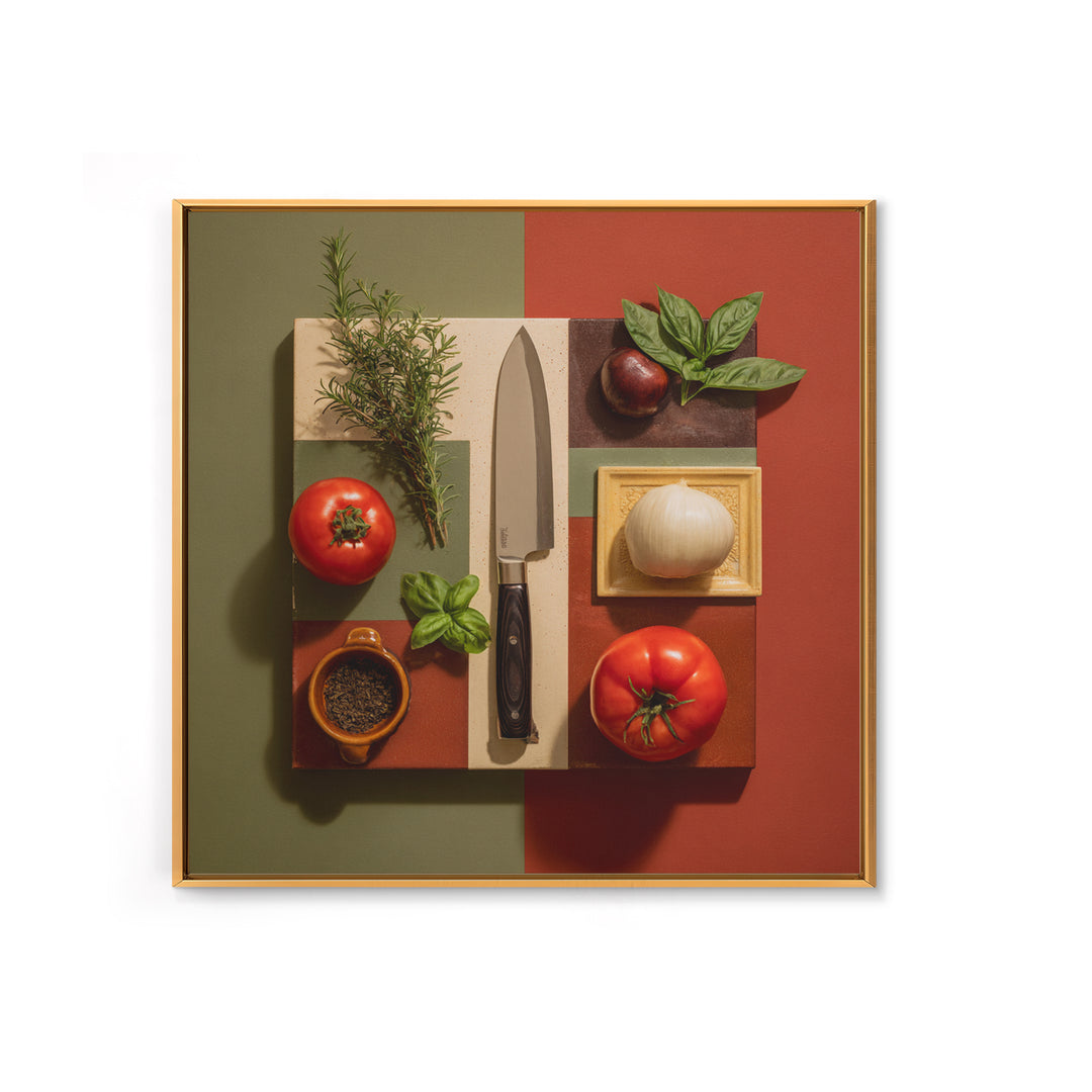 Chef Knife Herbs and Cutting Board Still Framed Canvas Print, Restaurant Art, Boho Decor, Restaurant Decor, Oil Painting, RES-1x1-61