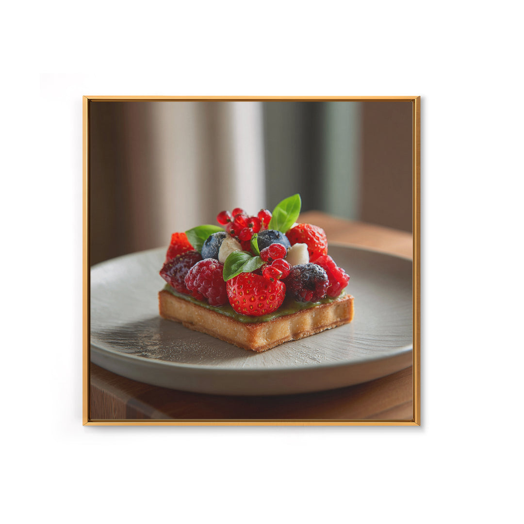 Dessert Tart with Berries and Cream Framed Canvas Print, Restaurant Art, Living Room Decor, Restaurant Decor, Fine Art, Bistro, RES-1x1-64