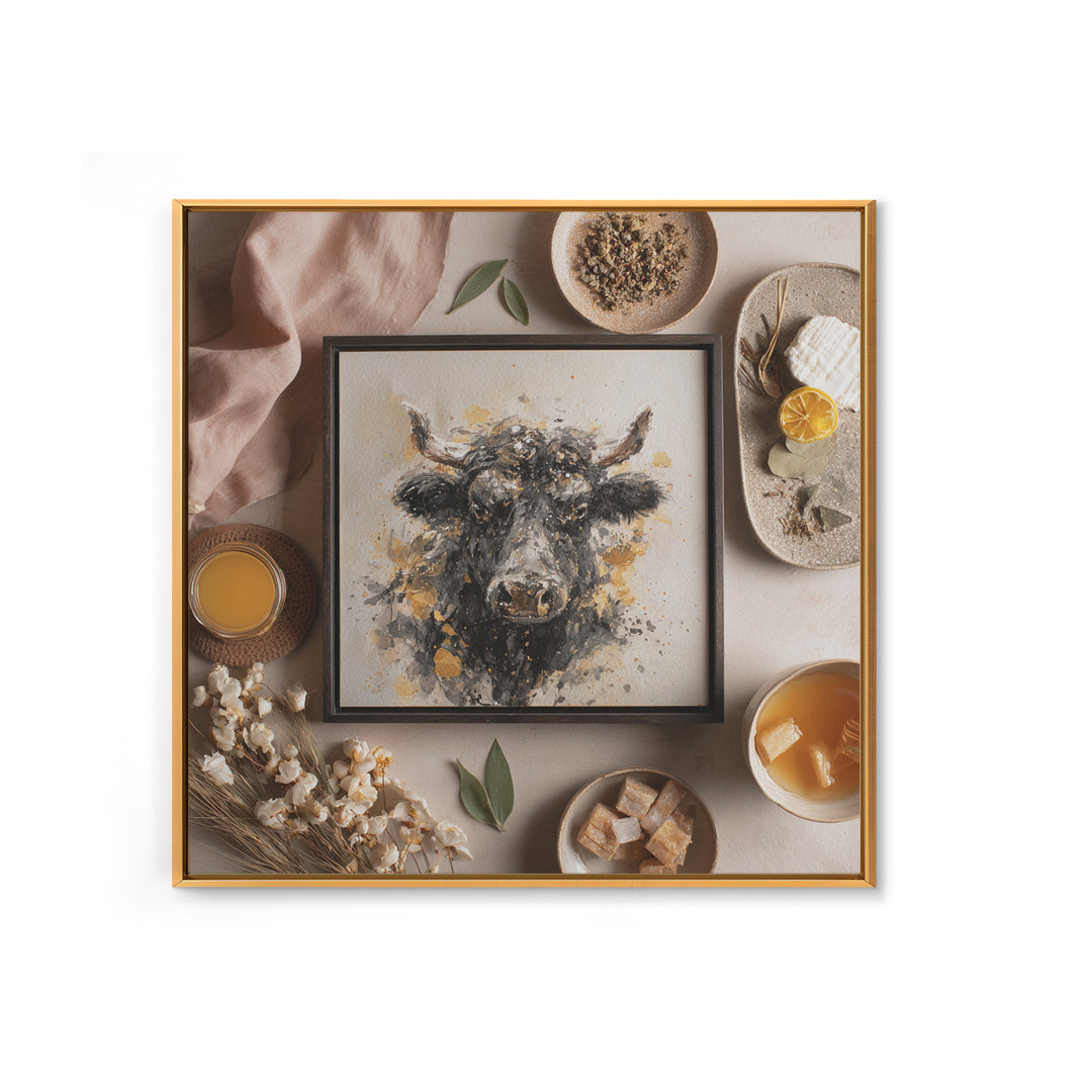 Steakhouse Black and Gold Bull Portrait Framed Canvas Print, Restaurant Art, Digital Print, Restaurant Decor, Fine Art, Bistro, RES-1x1-7