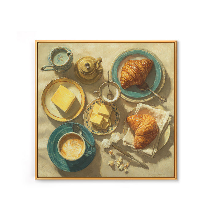 French Bistro Coffee and Croissant Still Life Framed Canvas Print, Restaurant Art, Statement Artwork, Restaurant Decor, Bistro, RES-1x1-78