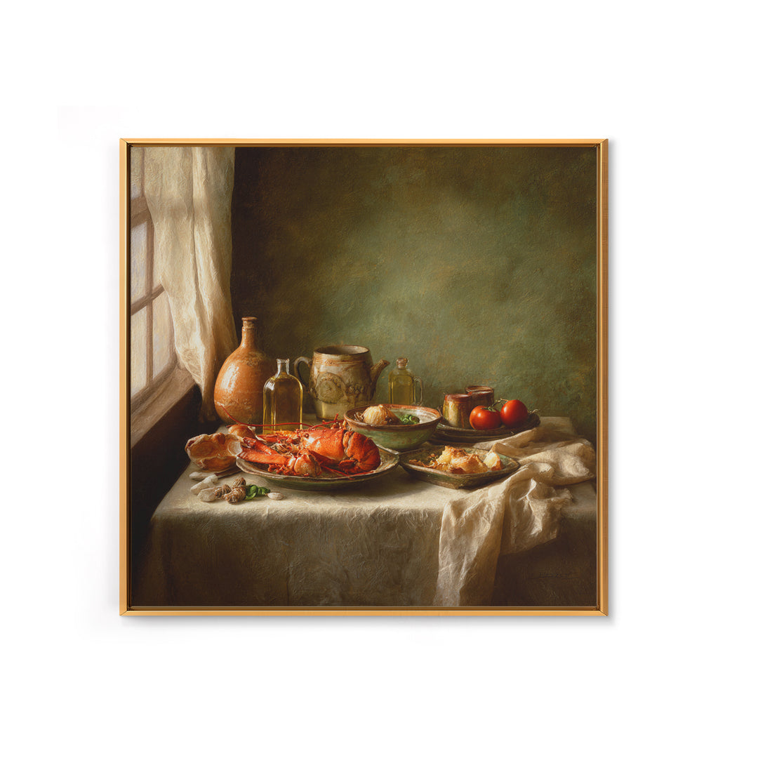 Seafood Lobster and Shell Arrangement Framed Canvas Print, Restaurant Art, Large Wall Art, Restaurant Decor, Fine Art, Bistro, RES-1x1-8