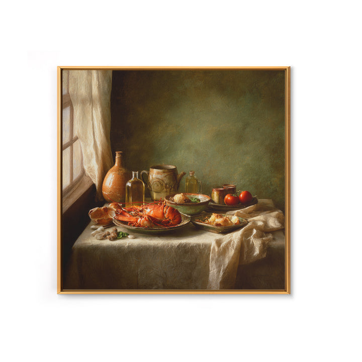 Seafood Lobster and Shell Arrangement Framed Canvas Print, Restaurant Art, Large Wall Art, Restaurant Decor, Fine Art, Bistro, RES-1x1-8