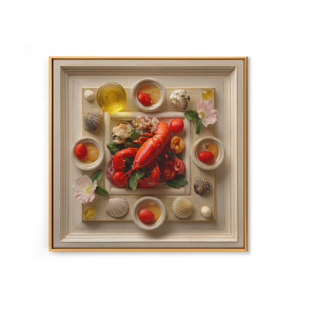 Seafood Lobster and Shell Arrangement Framed Canvas Print, Restaurant Art, Fine Art Print, Restaurant Decor, Fine Art, Bistro, RES-1x1-80