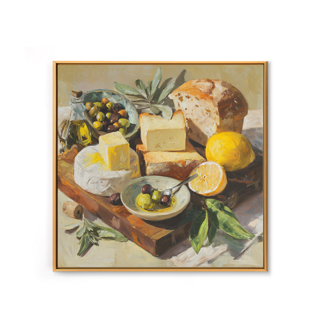 Mediterranean Olives Bread and Cheese Board Canvas Print, Restaurant Art, Wall Decor, Restaurant Decor, Fine Art, Bistro, RES-1x1-81