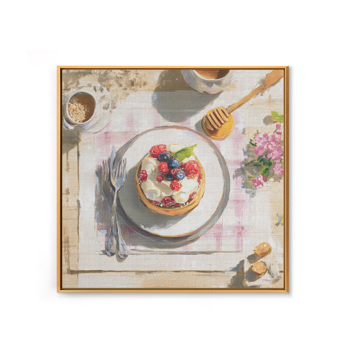 Dessert Tart with Berries and Cream Framed Canvas Print, Restaurant Art, Minimalist Decor, Restaurant Decor, Fine Art, Bistro, RES-1x1-88