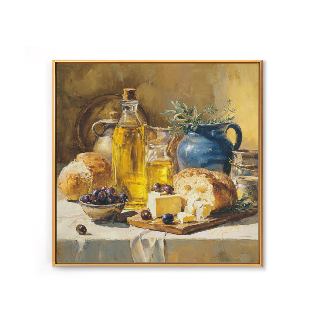 Mediterranean Olives Bread and Cheese Board Canvas Print, Restaurant Art, Statement Artwork, Restaurant Decor, Fine Art, Bistro, RES-1x1-9