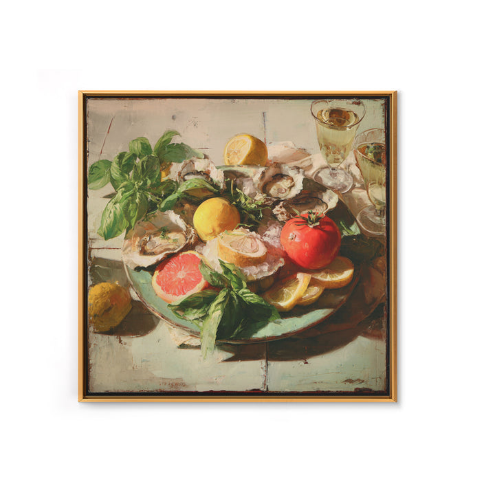 Oyster Platter with Lemons and Champagne Canvas Print, Restaurant Art, Wall Decor, Restaurant Decor, Fine Art, Bistro, RES-1x1-99