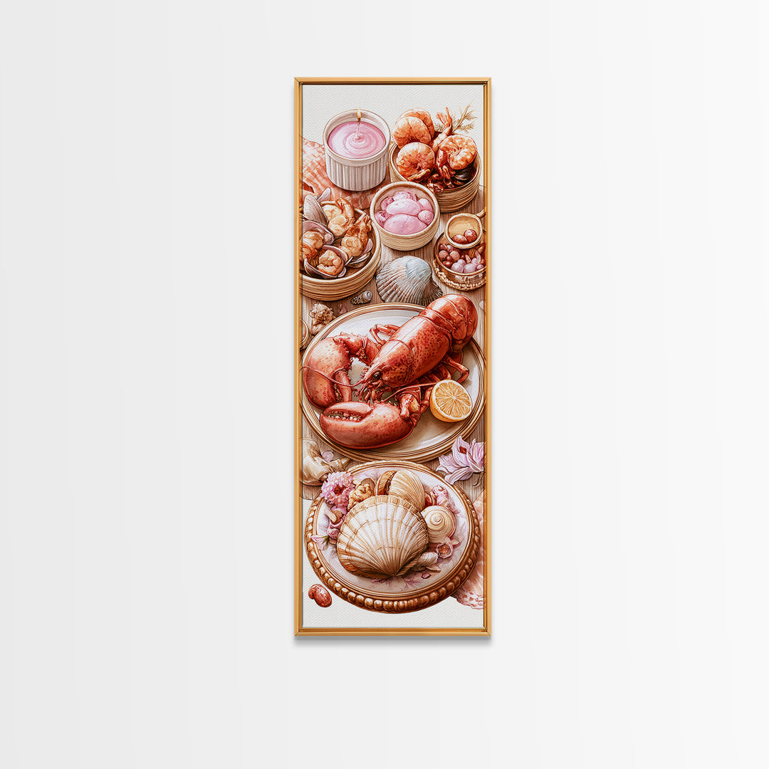 Seafood Lobster and Shell Arrangement Framed Canvas Print, Restaurant Art, Poster, Restaurant Decor, Fine Art, Bistro, RES-1x3-20