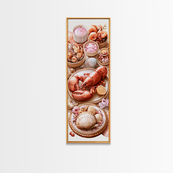 Seafood Lobster and Shell Arrangement Framed Canvas Print, Restaurant Art, Poster, Restaurant Decor, Fine Art, Bistro, RES-1x3-20
