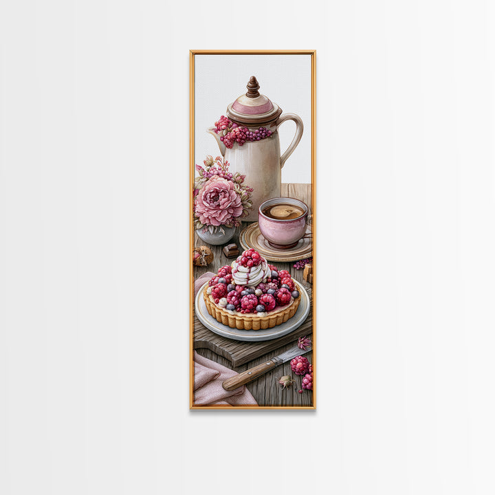 Dessert Tart with Berries and Cream Framed Canvas Print, Restaurant Art, Watercolor Painting, Restaurant Decor, Oil Painting, RES-1x3-76