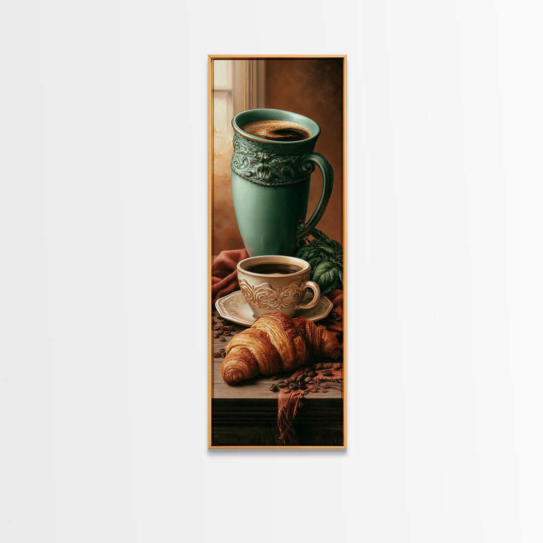 French Bistro Coffee and Croissant Still Life Canvas Print, Restaurant Art, Wall Art, Restaurant Decor, Oil Painting, Bistro, RES-1x3-90