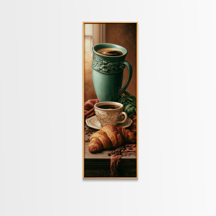 French Bistro Coffee and Croissant Still Life Canvas Print, Restaurant Art, Wall Art, Restaurant Decor, Oil Painting, Bistro, RES-1x3-90