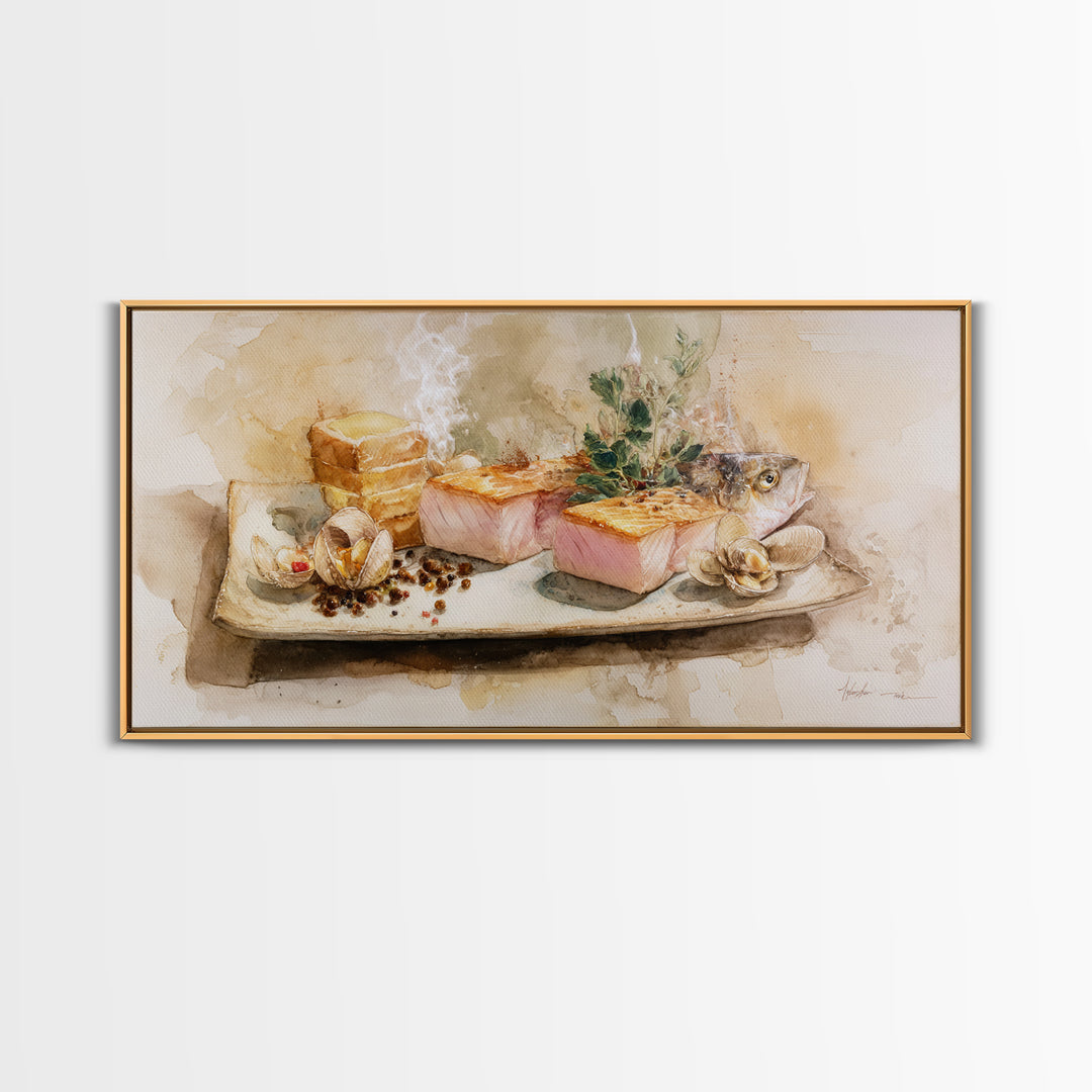 Sushi Fish and Ceramic Plate Composition Framed Canvas Print, Restaurant Art, Large Wall Art, Restaurant Decor, Bistro, RES-2x1-1